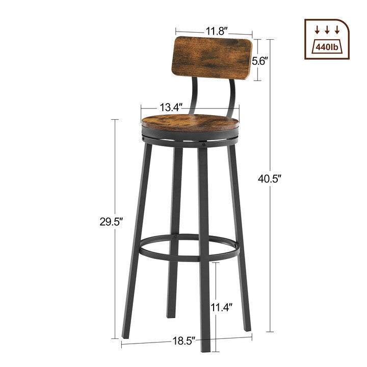 Swivel bar stool set of 2 with backrest, industrial style, metal frame, 29.5'' high.（Rustic Brown，13.4’’w x 40.5’’h）