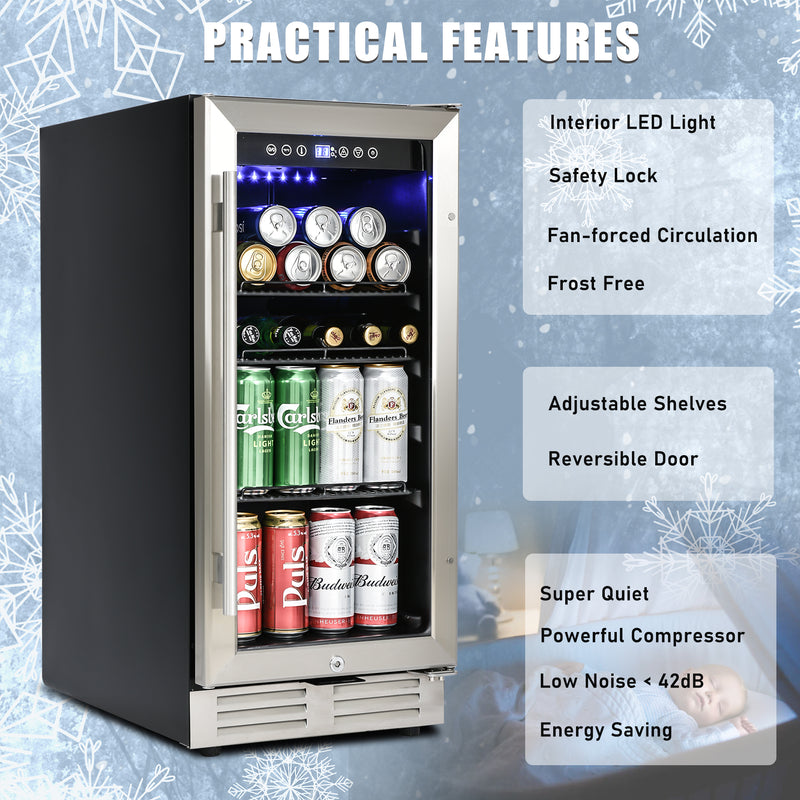Built-in and Freestanding 15" Mini Beverage Refrigerator/Wine Cabinet, 120 Cans, 37-65°F, Quiet, Adjustable Shelves, LED Lighting, ETL , Touch Controls, Defrost, Double Glass Door, Kitchen/Bar /office