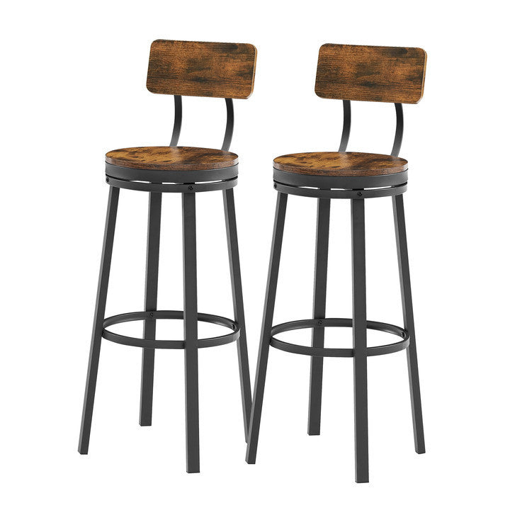 Swivel bar stool set of 2 with backrest, industrial style, metal frame, 29.5'' high.（Rustic Brown，13.4’’w x 40.5’’h）