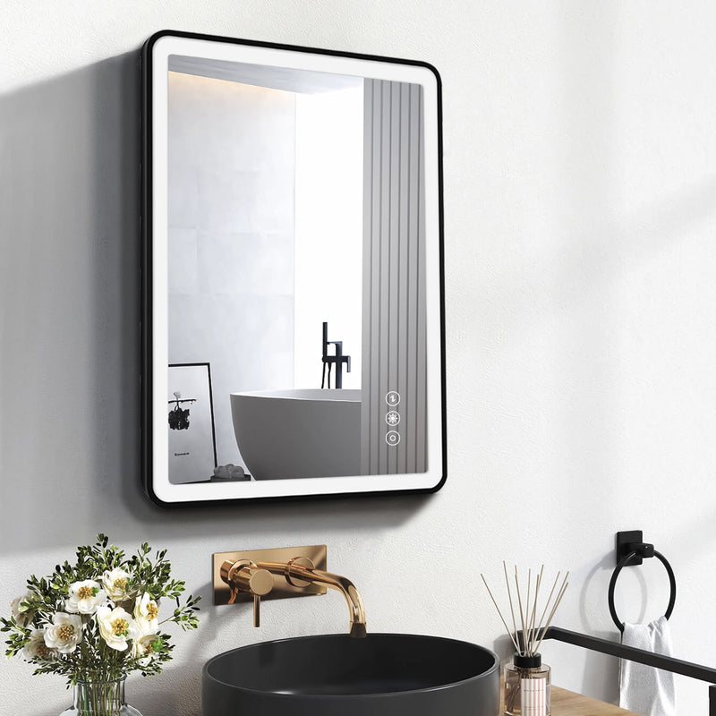 24x32 Black Metal Framed Bathroom Mirror for Wall Rounded Rectangle Mirror, Bathroom Vanity Mirror, Hotel, Anti-Rust Hangs Horizontally or Vertically
