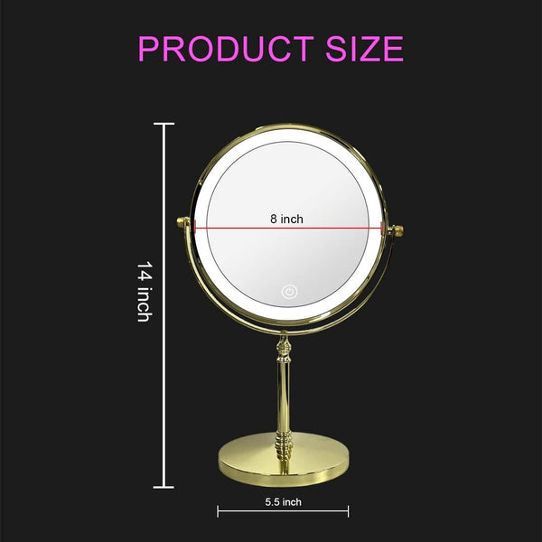8 Inches Lighted Makeup Mirror with 10X Magnification, Double Sided Vanity Mirror with 3 Colors, 360° Rotation Touch Dimmable Rechargeable LED Desk Mirror (Gold)