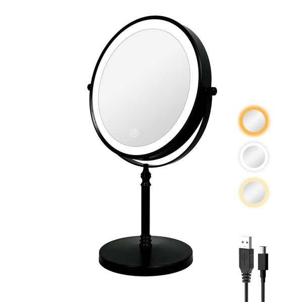 8 Inches Lighted Makeup Mirror with 10X Magnification, Double Sided Vanity Mirror with 3 Colors, 360° Rotation Touch Dimmable Rechargeable LED Desk Mirror (Black)