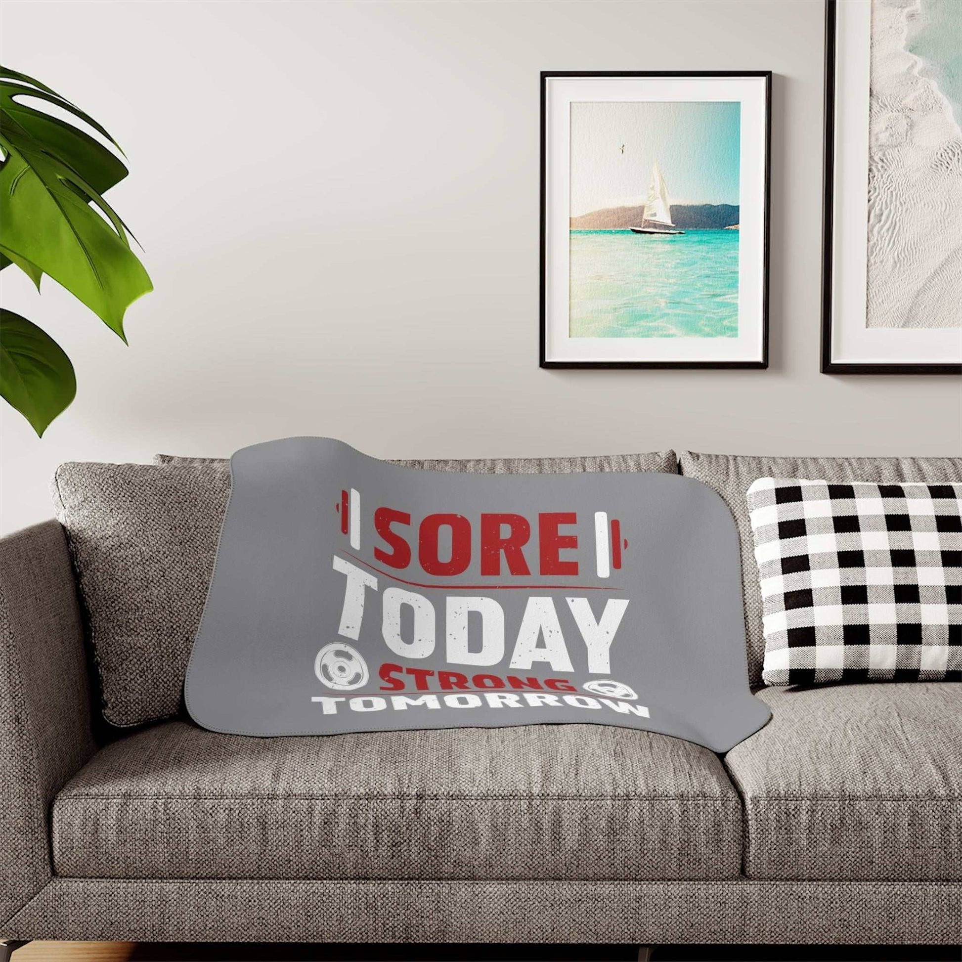 sore today strong tomorrow sherpa blanket – cozy fitness throw