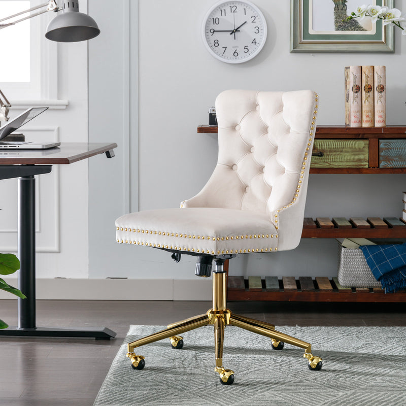 A&A Furniture Office Chair,Velvet Upholstered Tufted Button Home Office Chair with Golden Metal Base,Adjustable Desk Chair Swivel Office Chair (Beige)