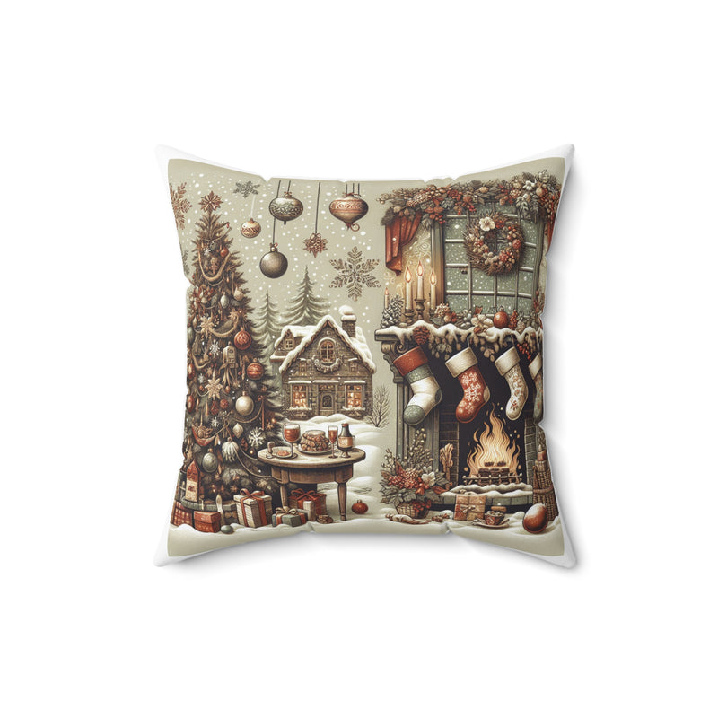 Cozy Christmas Living Room Pillow - Spun Polyester Square Cushion with Festive Holiday Design