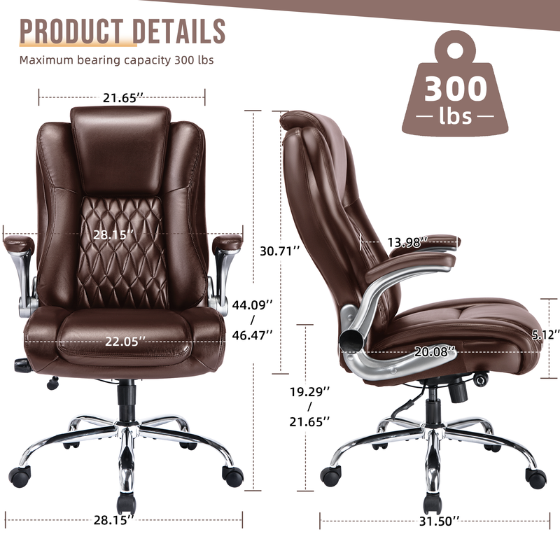 High Back Office Chair with Lifting Headrest, Adjustable Built-in Lumbar Support, Flip Arms, Executive Computer Chair Swivel Desk Chair Thick Padded Ergonomic Design for Back Pain
