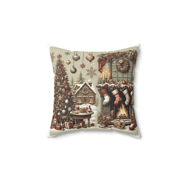 Cozy Christmas Living Room Pillow - Spun Polyester Square Cushion with Festive Holiday Design