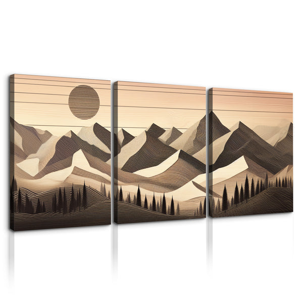 3 Panels Framed Abstract Wood Grain Boho Style Mountain & Forest Canvas Wall Art Decor,3 Pieces Mordern Canvas Decoration Painting  for Office,Dining room,Living room, Bedroom Decor-Ready to Hang