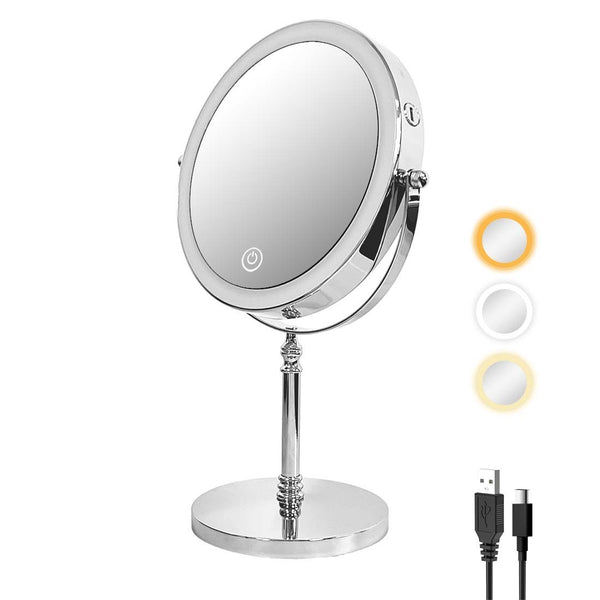 8 Inches Lighted Makeup Mirror with 10X Magnification, Double Sided Vanity Mirror with 3 Colors, 360° Rotation Touch Dimmable Rechargeable LED Desk Mirror (Chrome)