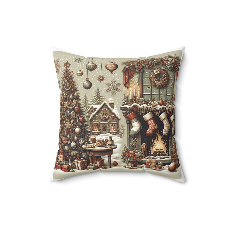 Cozy Christmas Living Room Pillow - Spun Polyester Square Cushion with Festive Holiday Design