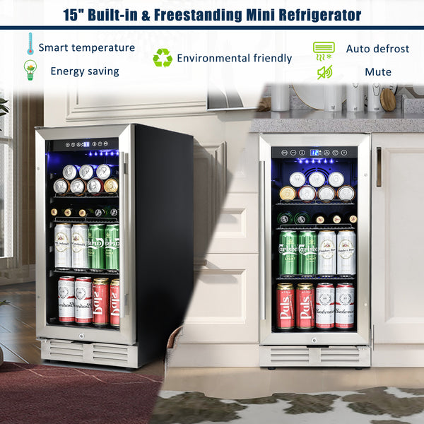 Built-in and Freestanding 15" Mini Beverage Refrigerator/Wine Cabinet, 120 Cans, 37-65°F, Quiet, Adjustable Shelves, LED Lighting, ETL , Touch Controls, Defrost, Double Glass Door, Kitchen/Bar /office