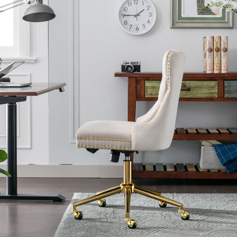 A&A Furniture Office Chair,Velvet Upholstered Tufted Button Home Office Chair with Golden Metal Base,Adjustable Desk Chair Swivel Office Chair (Beige)