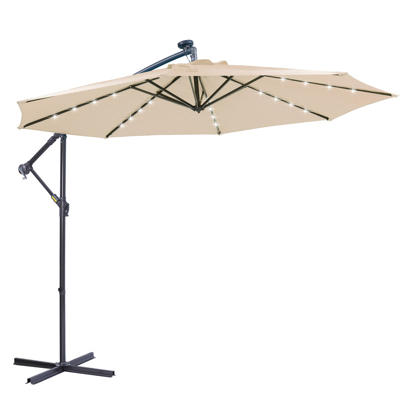 10 FT Solar LED Patio Outdoor Umbrella Hanging Cantilever Umbrella Offset Umbrella Easy Open Adustment with 32 LED Lights - tan