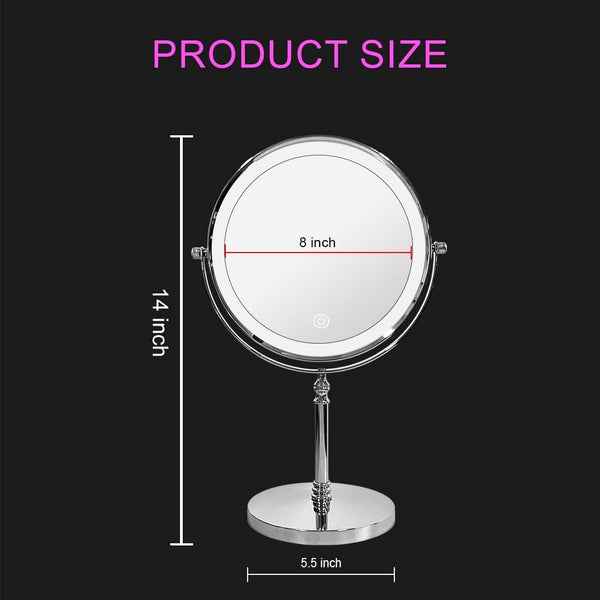 8 Inches Lighted Makeup Mirror with 10X Magnification, Double Sided Vanity Mirror with 3 Colors, 360° Rotation Touch Dimmable Rechargeable LED Desk Mirror (Chrome)
