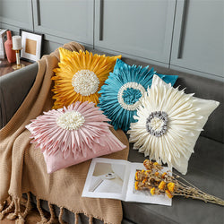 Fashion Modern Style White Throw Pillows Velvet Stitching 3D Chrysanthemum Cushion Waist Pillow Blue Cushion Case