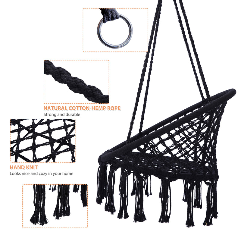 Black Swing,Hammock Chair Macrame Swing,Max 330 Lbs Hanging Cotton Rope Hammock Swing Chair for Indoor and Outdoor