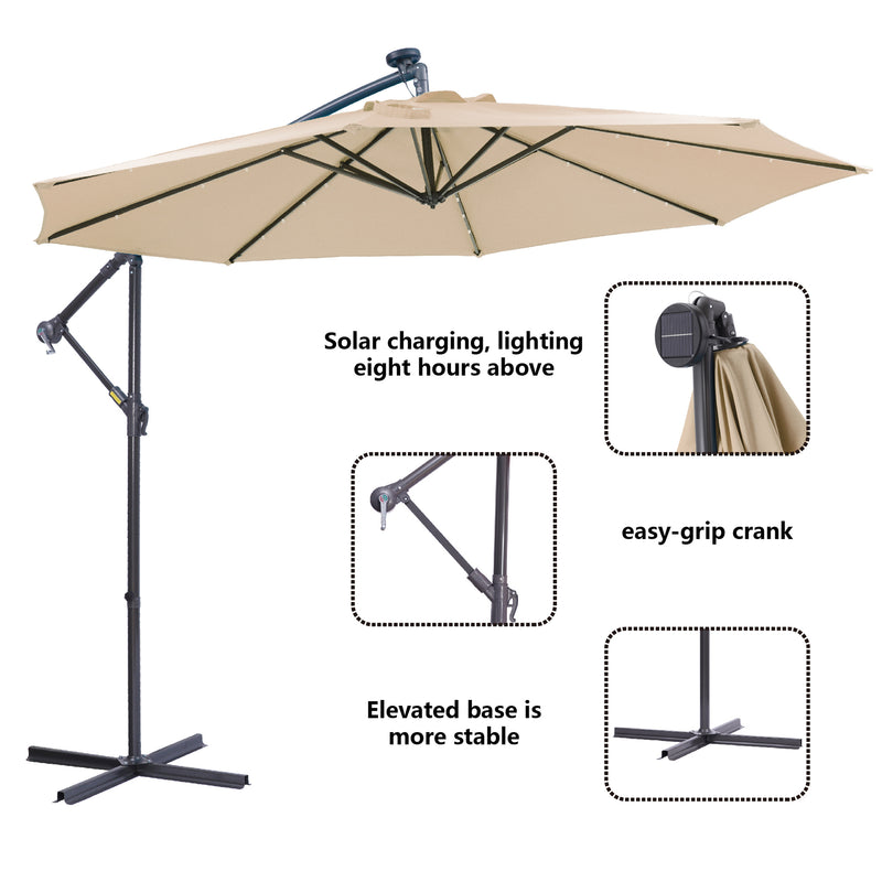 10 FT Solar LED Patio Outdoor Umbrella Hanging Cantilever Umbrella Offset Umbrella Easy Open Adustment with 32 LED Lights - tan
